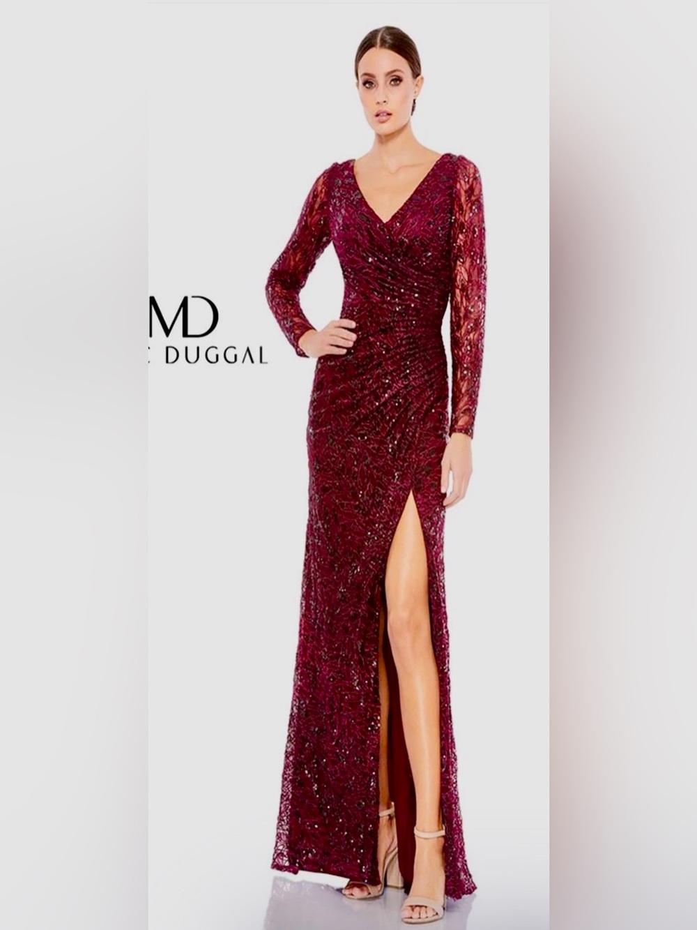 Mac Duggal Garnet Sequin Long Sleeve V-Neck Gown w/High Slit & Zip Sleeve #12412